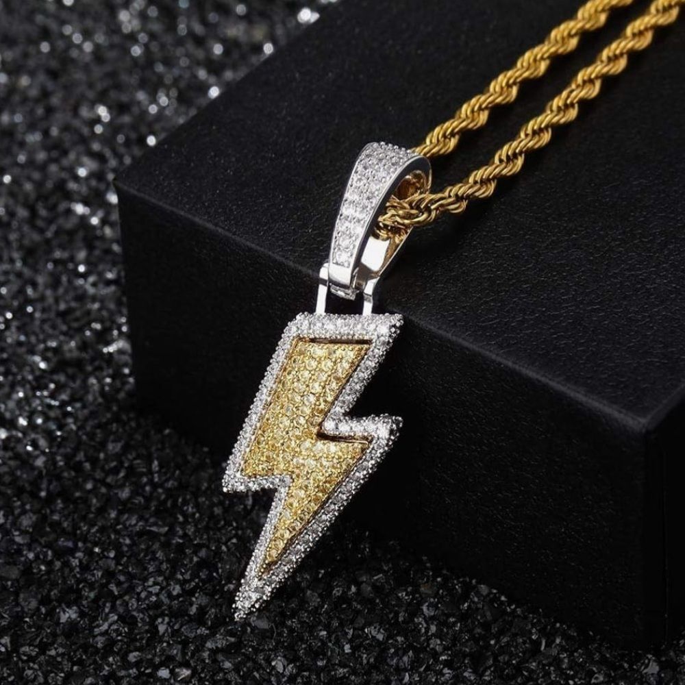 18K Gold Lightning Bolt Pendant Necklace Simulated Diamond Iced Out HipHop Chain
